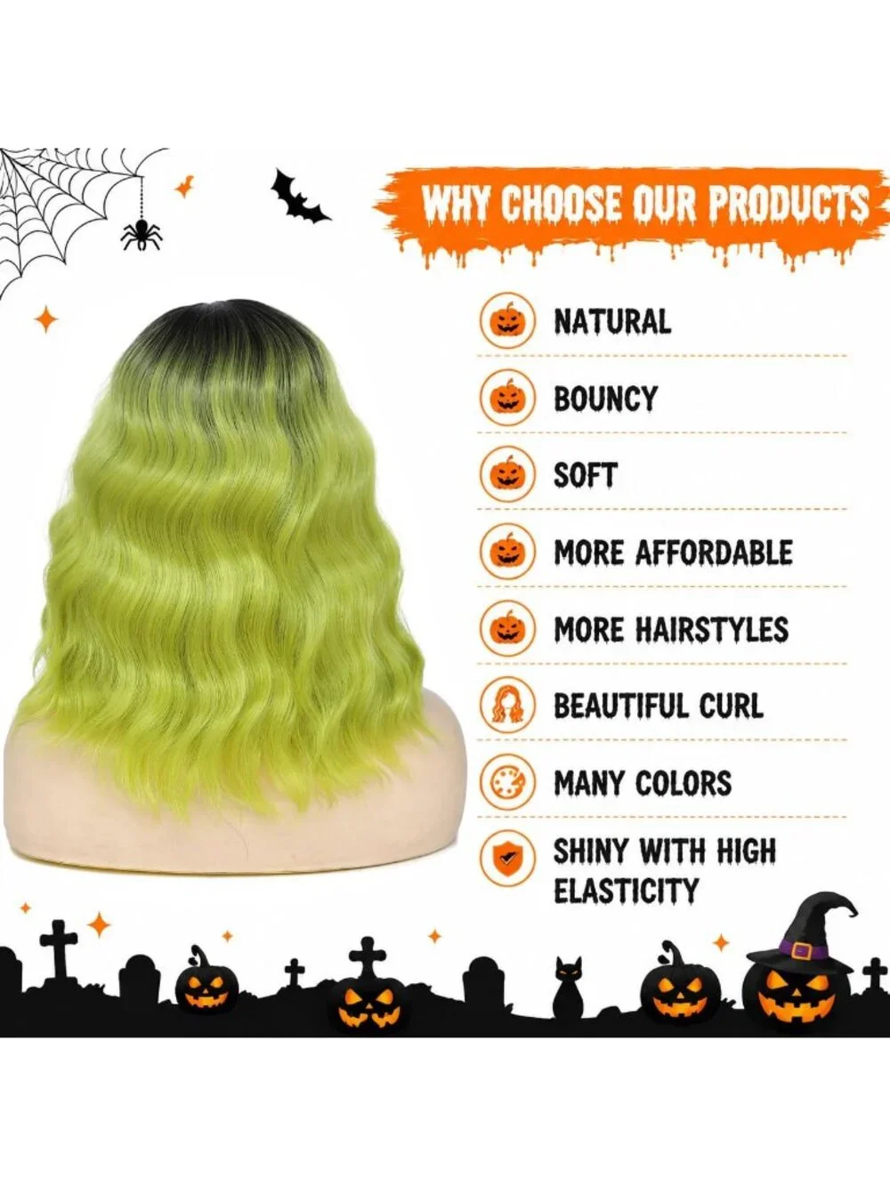 Women's Ombre Green 14 Inch Heat Resistant Short Wavy Hair Pastel Bob Wig Bangs